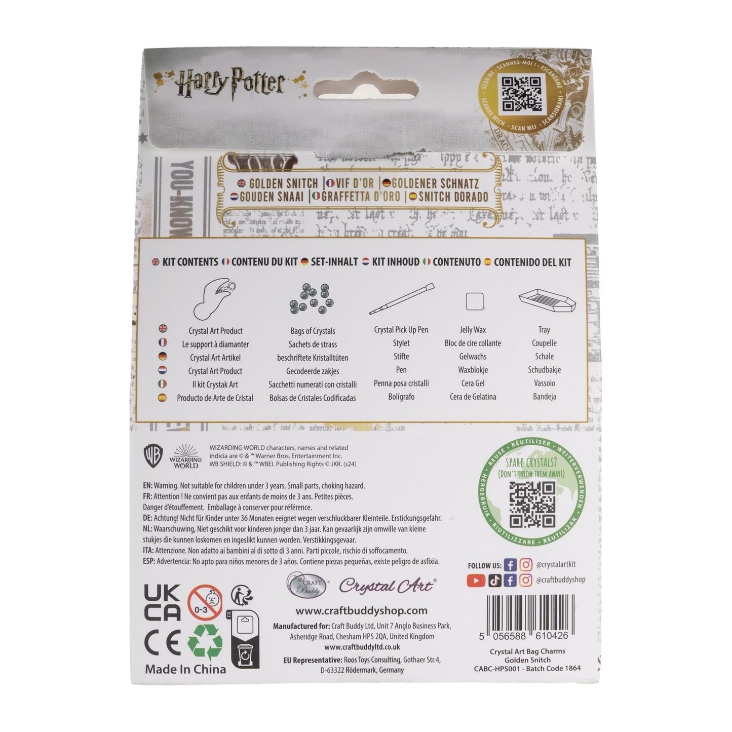 Harry Potter Golden Snitch Crystal Art Backpack Charm Kit