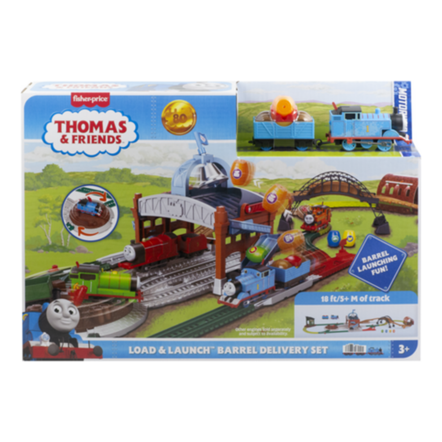 Thomas & Friends Toy Train Playset by Fisher-Price, Load & Launch Barrel Delivery with Classic Motorized Engine & Cargo Car, 18 Feet of Track
