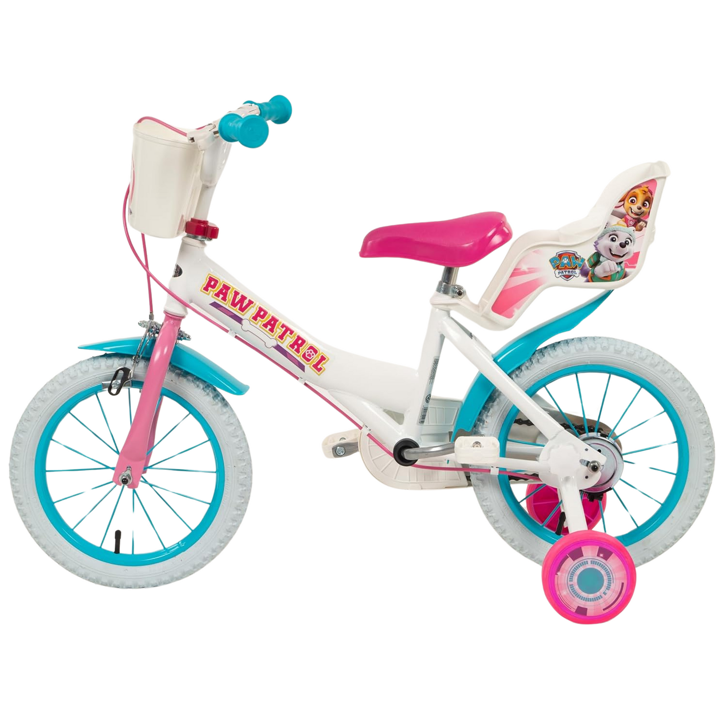 Toimsa Paw Patrol Skye and Everest, 14" Bicycle with Basket, Doll Seat and Training Wheel Stabilisers