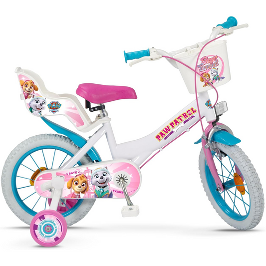 Toimsa Paw Patrol Skye and Everest, 14" Bicycle with Basket, Doll Seat and Training Wheel Stabilisers