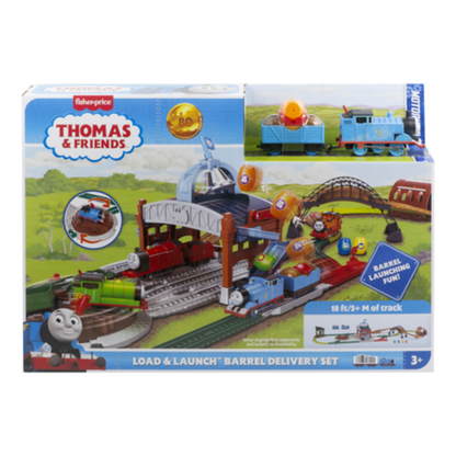 Thomas & Friends Toy Train Playset by Fisher-Price, Load & Launch Barrel Delivery with Classic Motorized Engine & Cargo Car, 18 Feet of Track