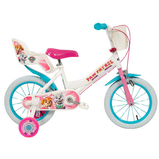 Toimsa Paw Patrol Skye and Everest, 14" Bicycle with Basket, Doll Seat and Training Wheel Stabilisers