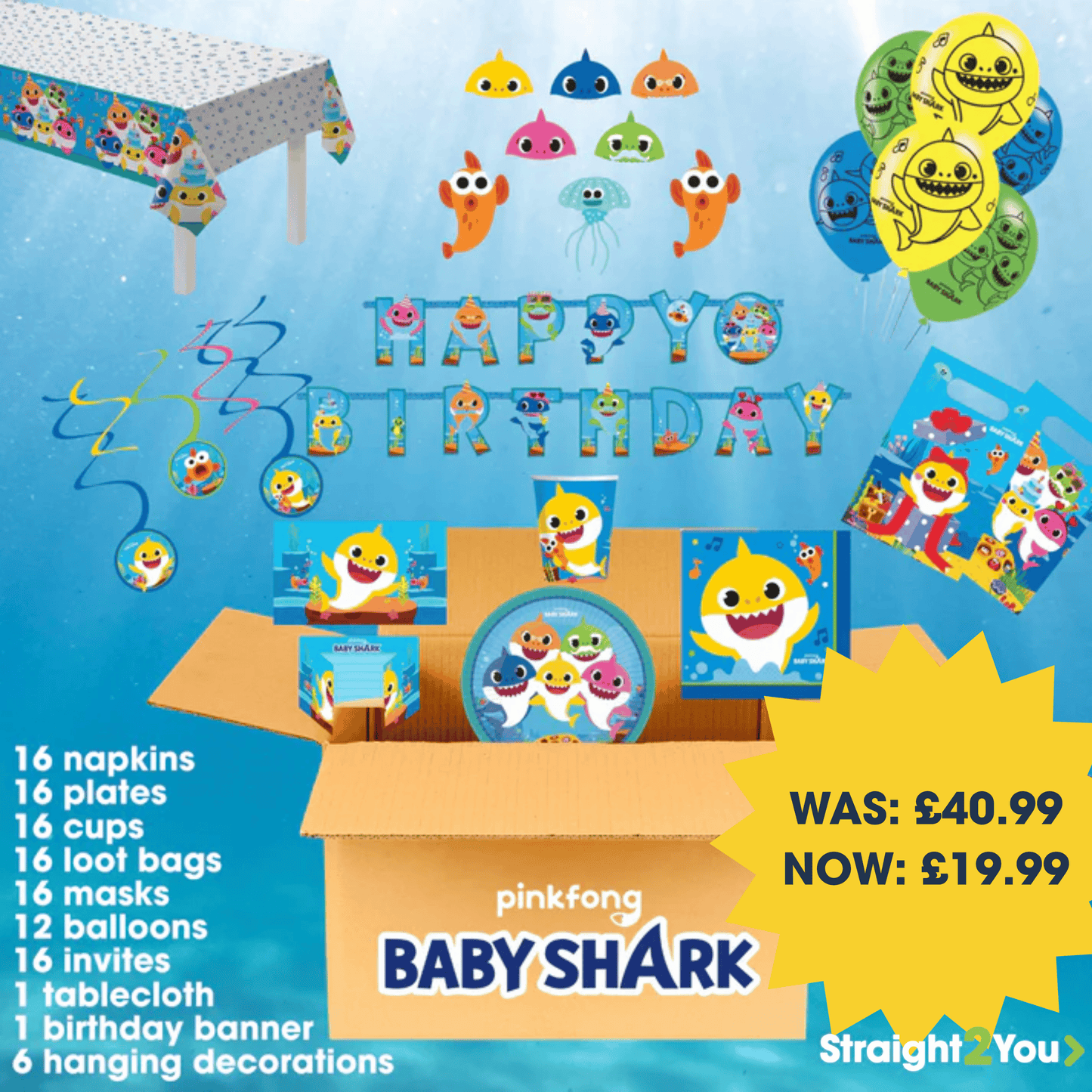 122 Pcs Baby Shark Complete Birthday Party in a Box