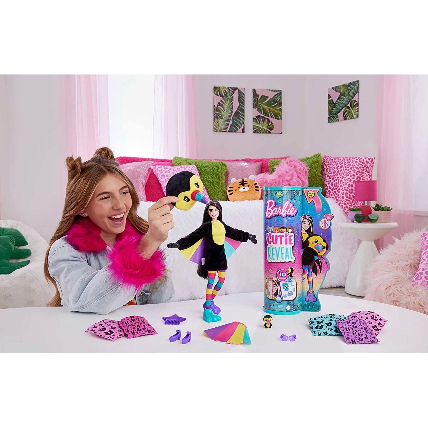 Barbie Dolls and Accessories, Cutie Reveal Doll with Tiger Plush Costume & 10 Surprises Including Color Change, Jungle Series, Cutie Reveal Doll with Monkey Plush Costume, Barbie Dolls and Accessories, Cutie Reveal Doll with Toucan Plush Costume & 10 Surprises Including Color Change, Jungle Series, official licensed barbie toy, barbie's iconic home, make your own, barbie doll, spencer doll, chelsey doll, barbie, skipper, barbie beach, barbie beach house, barbie beach house, barbie beach bungalow, barbie bea