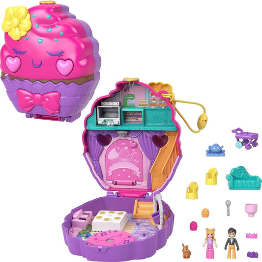 Polly Pocket Mini Toys, Something Sweet Cupcake Compact Playset with 2 Micro Dolls and 13 Accessories, Pocket World Travel Toys with Surprise Reveals