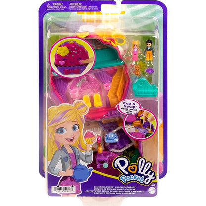 Polly Pocket Mini Toys, Something Sweet Cupcake Compact Playset with 2 Micro Dolls and 13 Accessories, Pocket World Travel Toys with Surprise Reveals