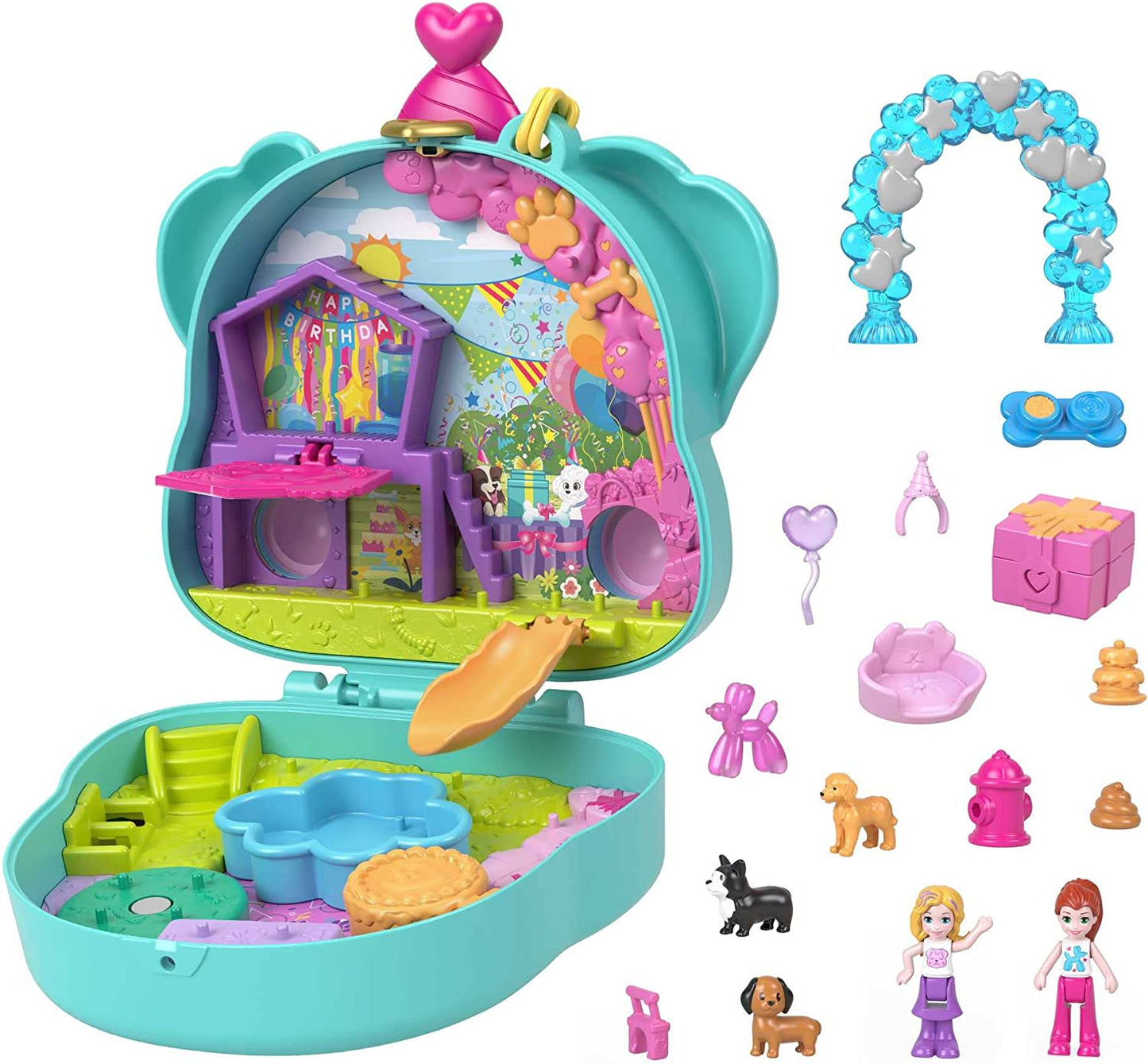 Polly Pocket Mini Toys, Doggy Birthday Bash Compact Playset with 2 Micro Dolls and 14 Accessories, Pocket World Travel Toys with Surprise Reveals