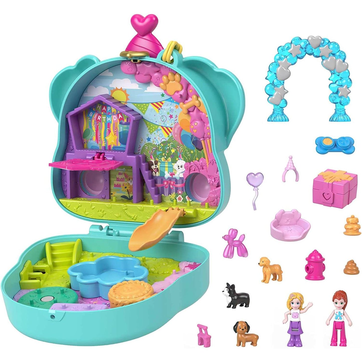 Polly Pocket Mini Toys, Doggy Birthday Bash Compact Playset with 2 Micro Dolls and 14 Accessories, Pocket World Travel Toys with Surprise Reveals