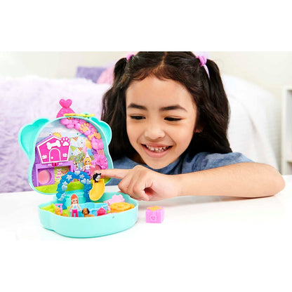 Polly Pocket Mini Toys, Doggy Birthday Bash Compact Playset with 2 Micro Dolls and 14 Accessories, Pocket World Travel Toys with Surprise Reveals