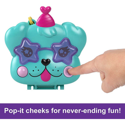 Polly Pocket Mini Toys, Doggy Birthday Bash Compact Playset with 2 Micro Dolls and 14 Accessories, Pocket World Travel Toys with Surprise Reveals