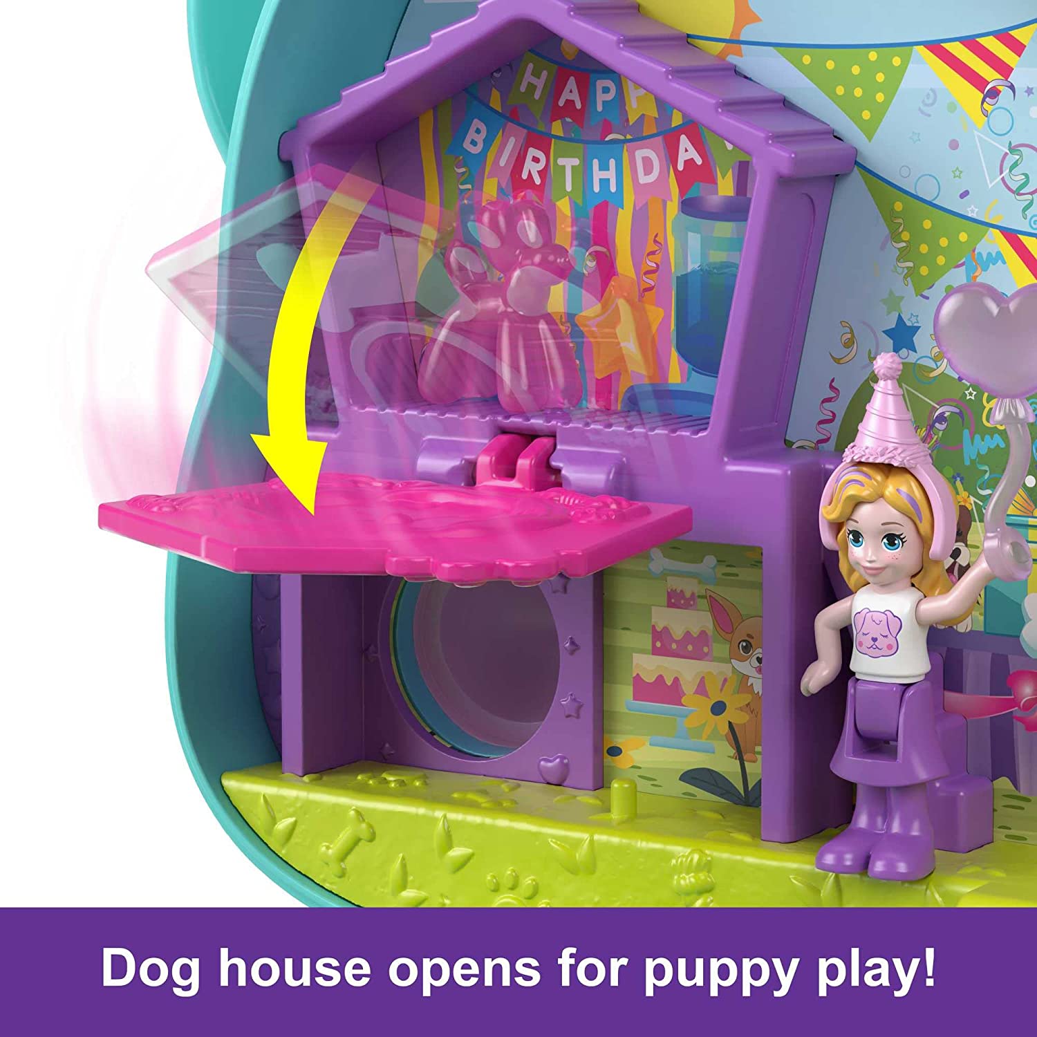 Polly Pocket Mini Toys, Doggy Birthday Bash Compact Playset with 2 Micro Dolls and 14 Accessories, Pocket World Travel Toys with Surprise Reveals