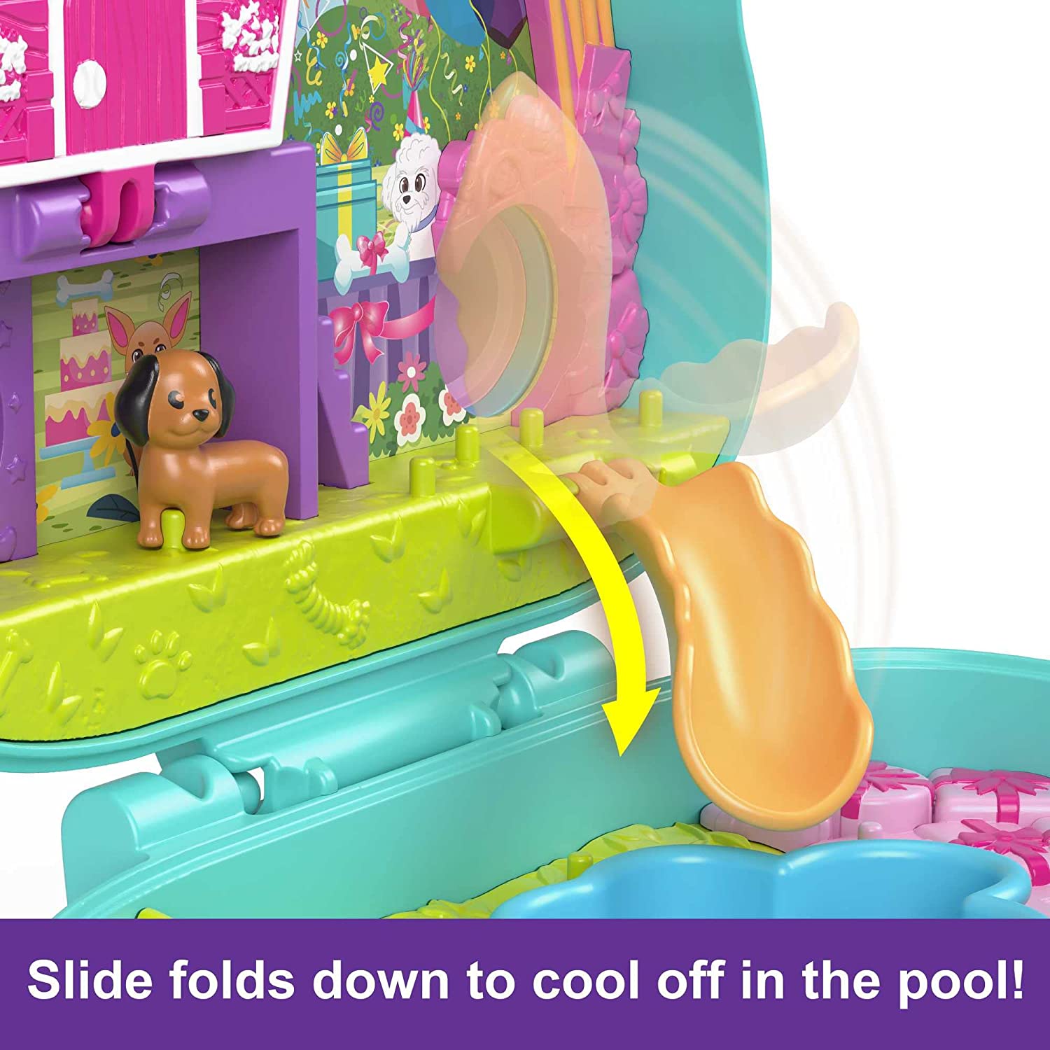 Polly Pocket Mini Toys, Doggy Birthday Bash Compact Playset with 2 Micro Dolls and 14 Accessories, Pocket World Travel Toys with Surprise Reveals