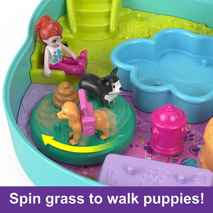 Polly Pocket Mini Toys, Doggy Birthday Bash Compact Playset with 2 Micro Dolls and 14 Accessories, Pocket World Travel Toys with Surprise Reveals