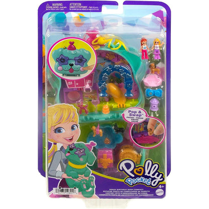 Polly Pocket Mini Toys, Doggy Birthday Bash Compact Playset with 2 Micro Dolls and 14 Accessories, Pocket World Travel Toys with Surprise Reveals