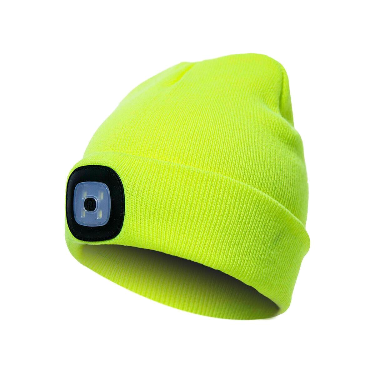 Hi Vis Neon Knitted Beanie Hat With LED Light Head Torch