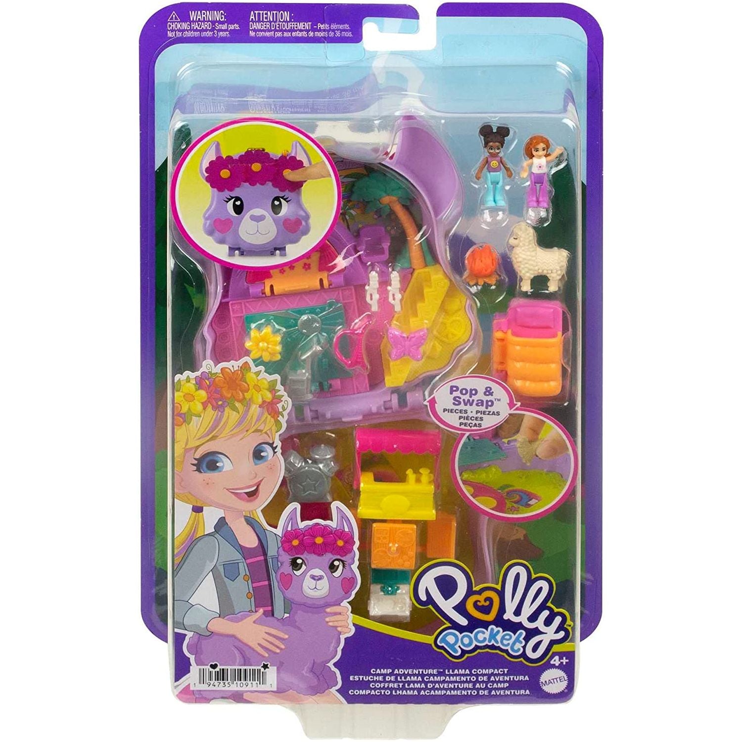Polly Pocket Mini Toys, Camp Adventure Llama Compact Playset with 2 Micro Dolls and 13 Accessories, Pocket World Travel Toys with Surprise Reveals,