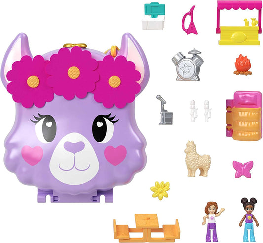 Polly Pocket Mini Toys, Camp Adventure Llama Compact Playset with 2 Micro Dolls and 13 Accessories, Pocket World Travel Toys with Surprise Reveals,