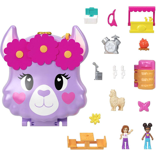 Polly Pocket Mini Toys, Camp Adventure Llama Compact Playset with 2 Micro Dolls and 13 Accessories, Pocket World Travel Toys with Surprise Reveals,