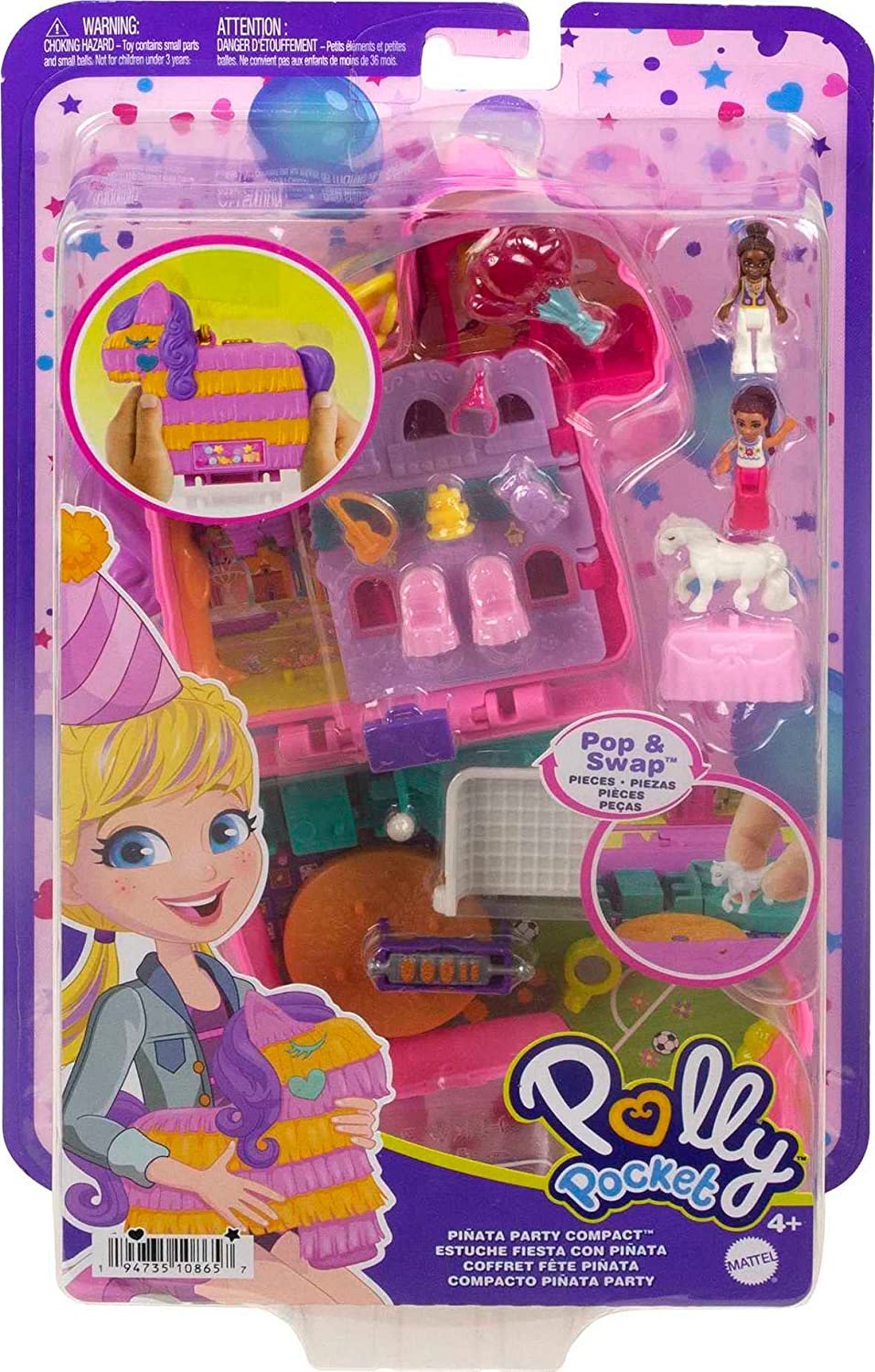 Polly Pocket Mini Toys, Piñata Party Compact Playset with 2 Micro Dolls and 14 Accessories, Pocket World Travel Toys with Surprise Reveals,