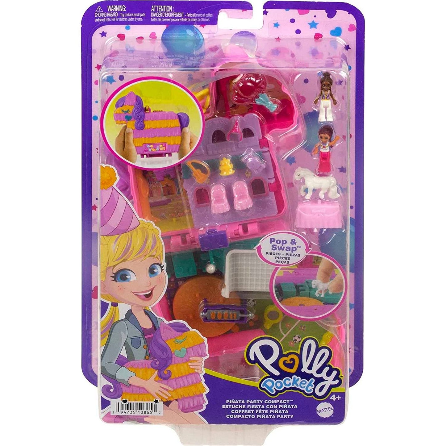 Polly Pocket Mini Toys, Piñata Party Compact Playset with 2 Micro Dolls and 14 Accessories, Pocket World Travel Toys with Surprise Reveals,