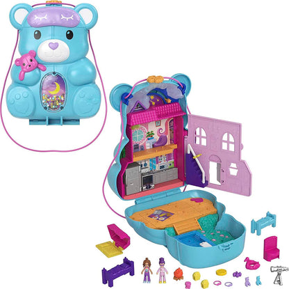 Includes Polly Pocket Teddy Bear Purse compact with 2 micro dolls and 16 accessories. Polly Pocket Teddy Bear Purse Compact, Sleepover Theme with 2 Micro Dolls & 16 Accessories, Pop & Swap Peg Feature, Great Gift for Ages 4 Years Old & Up