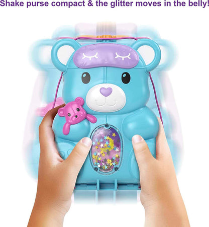 Includes Polly Pocket Teddy Bear Purse compact with 2 micro dolls and 16 accessories. Polly Pocket Teddy Bear Purse Compact, Sleepover Theme with 2 Micro Dolls & 16 Accessories, Pop & Swap Peg Feature, Great Gift for Ages 4 Years Old & Up