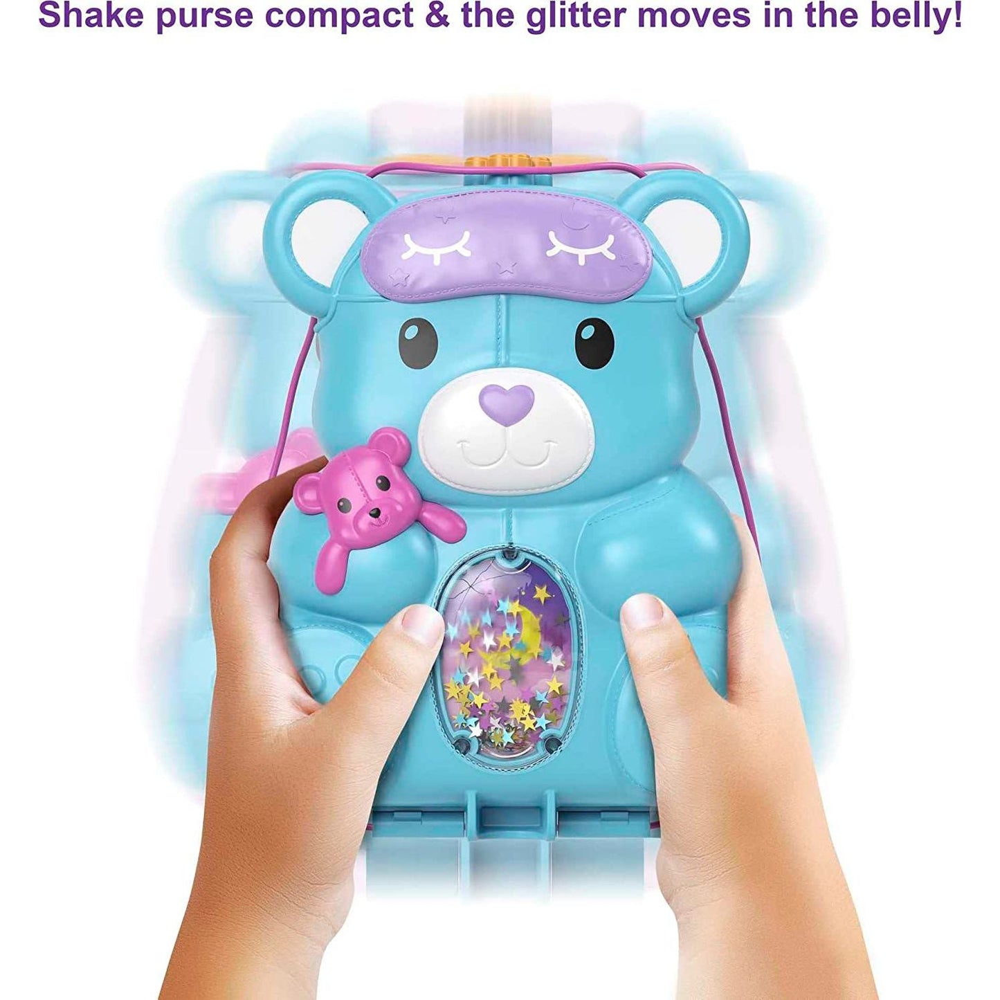 Includes Polly Pocket Teddy Bear Purse compact with 2 micro dolls and 16 accessories. Polly Pocket Teddy Bear Purse Compact, Sleepover Theme with 2 Micro Dolls & 16 Accessories, Pop & Swap Peg Feature, Great Gift for Ages 4 Years Old & Up