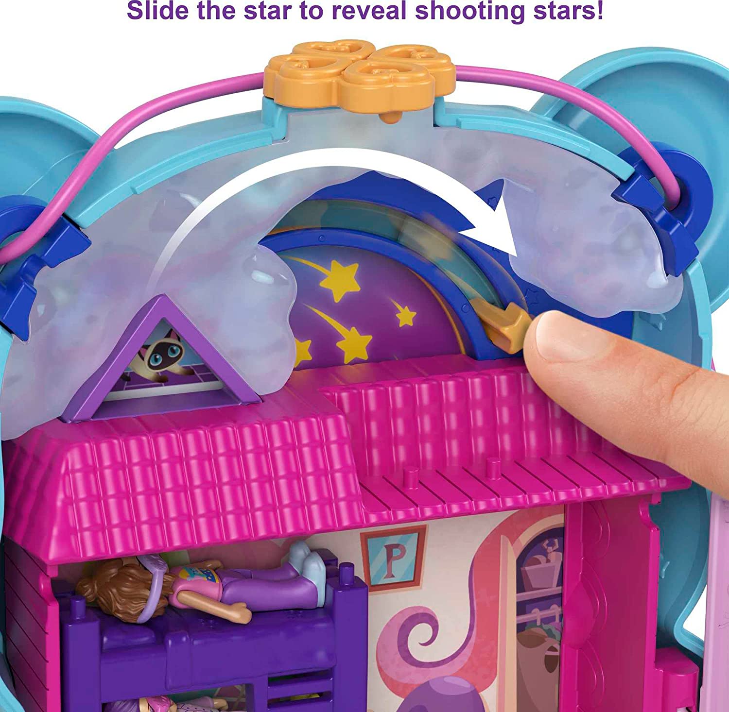 Includes Polly Pocket Teddy Bear Purse compact with 2 micro dolls and 16 accessories. Polly Pocket Teddy Bear Purse Compact, Sleepover Theme with 2 Micro Dolls & 16 Accessories, Pop & Swap Peg Feature, Great Gift for Ages 4 Years Old & Up