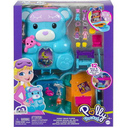 Includes Polly Pocket Teddy Bear Purse compact with 2 micro dolls and 16 accessories. Polly Pocket Teddy Bear Purse Compact, Sleepover Theme with 2 Micro Dolls & 16 Accessories, Pop & Swap Peg Feature, Great Gift for Ages 4 Years Old & Up